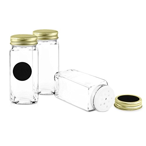 Nellam French Square Glass Spice Jars – Set of 12 with Shaker Lids and Chalkboard Sticker Labels, Small 4oz Bottles - Stackable Herbs and Spices Containers - Decorative Organizers in Gold