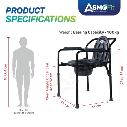 Image of Foldable Commode Chair Height Adjustable Use in Room or Over Toilet, Potty Chair with Armrests, Bedside Commode - Ideal for Adult, Pregnant Women, Elderly - Weight Capacity 100KG (Without Wheels - Black)