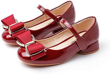 BININBOX Girls Bowknot Rhinestone Flower Low-Heels Girls Dress Flats Shoes Rhinestone Princess Leather Shoes Girl Sandals Mary Jane Shoes(12 M US Little Kid,Wine) | Image 1