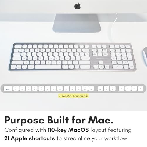Macally Wired Keyboard for Mac with USB Ports for Mouse - Compatible Apple Keyboard for MacBook Pro/Air, iMac - Aluminum Frame