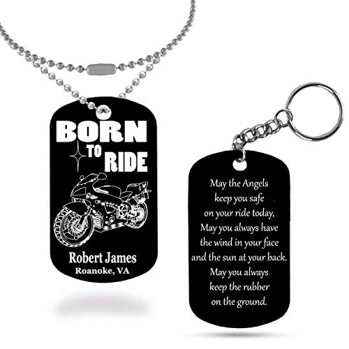 Personalized Custom Biker Born to ride and Prayer Black Anodized Aluminum Dog Tag Keychain or 24 inch Ball Chain Laser Engraved with your name and date