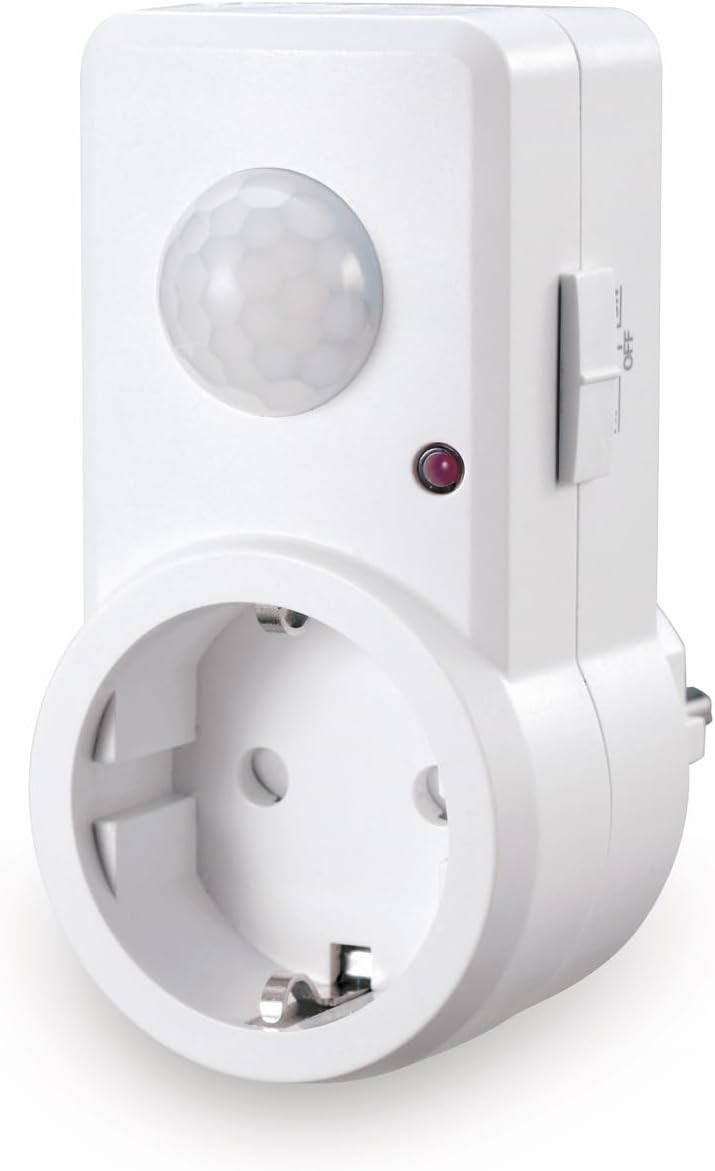 ດ້ານໜ້າ view of the Sonero IMS060 Infrared Motion Detector, showing the white casing, the domed infrared sensor, a red indicator light, and a standard European-style electrical socket.