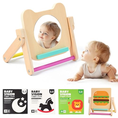 IEATFO Rotating Baby Safe Mirror with 120 Pages Visual Stimulation Cards - Wooden Tummy Time Mirror Toys - Black White Red and Color High Contrast Baby Flashcards for Brain and Cognitive Development