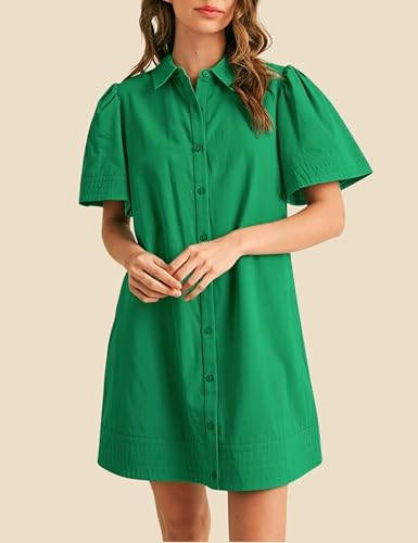 Image of Womens Short Sleeve Button Down Mini Shirt Dress Lapel Collar Short Dresses with Pocket