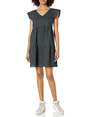 Amazon Brand - Goodthreads Women's Relaxed Fit Washed Linen Blend Flutter Sleeve Peasant Dress, Black Floral Dot, X-Large