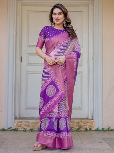 Image of ALMAARI FASHION Floral Printed Cotton Saree for Women with Handloom Zari Weave, Traditional Lightweight Ethnic Saree for Wedding Festive Office Party with Blouse Piece (LINEN 81-90 SH)