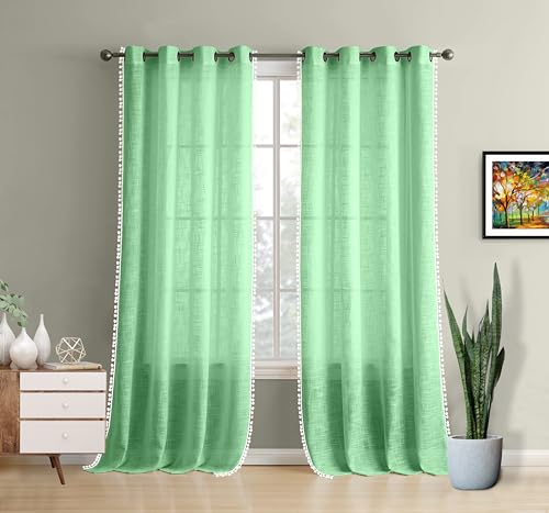 Image of THE LINEN COMPANY Cotton Sheer Grommet Curtains with Side Border Pompom Sheer Curtain for Long Door Linen Textured, Light Filtering, Pack of 2 (Ocean Green, 9 Feet)