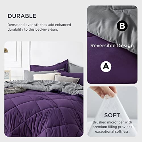 Image of Bedsure Twin XL Comforter - 5 Pieces Reversible Purple Bed in a Bag, Twin XL Bedding Comforter Set College Dorm Essentials for Guys with 1 Flat Sheet, 1 Fitted Sheet, 1 Pillowcase and 1 Pillow Sham