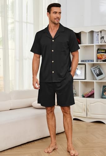 Men Pajama Set, Button up Sleepwear Short Sleeve Pjs Soft Lapel Loungewear with Pockets2