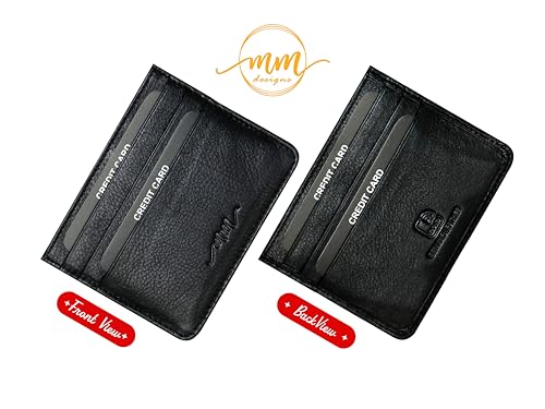 Image of MM Designs Slim and Compact Leather Credit Card Holder for Men and Women | Genuine Leather RFID Blocking Protection | Minimalist Card Wallet with 6 Card Slots | Black