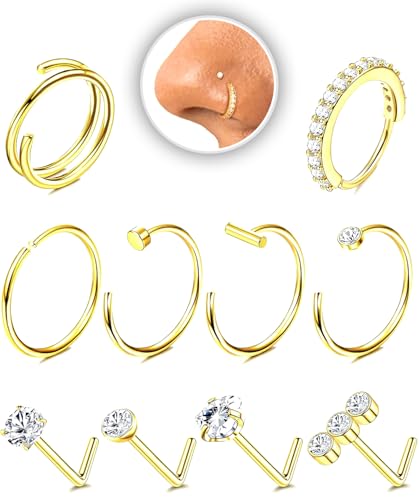 AMASIS 10Pcs Gold Nose Rings and Studs Set, 20G Stainless Steel Nose Hoops 8mm with L Shaped CZ Nose Studs, Round CZ Heart CZ Triple CZ Nostril Piercing Jewelry