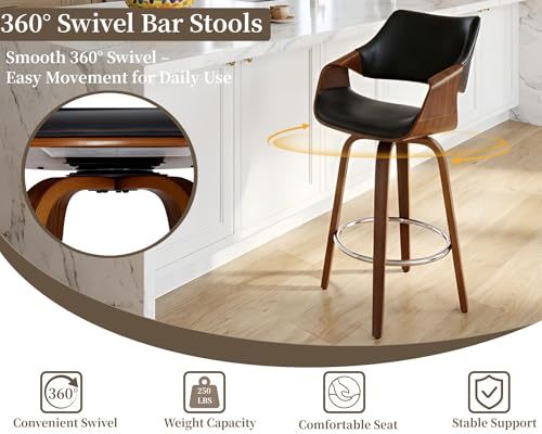 Image of HNY 26'' Modern Barrel Swivel Counter Stools Counter Height Swivel Bar Stools with Backs Set of 4, Black Faux Leather Bar Height stools, Farmhouse Solid Wood Barstools for Kitchen Island, Home Bar