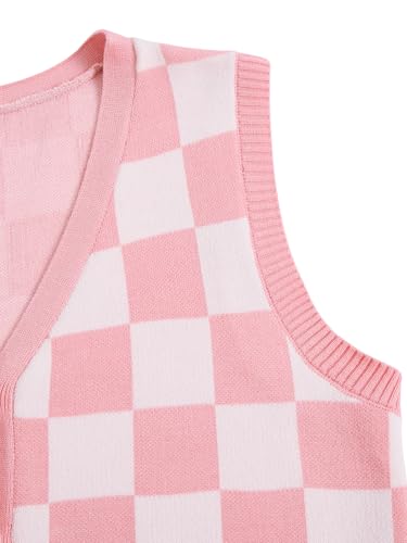 Verdusa Women's Checkered Cardigan Plaid Knit Sweater Vest Button Up V Neck Sleeveless Tops4