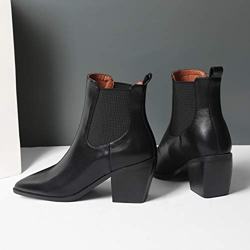 LEHOOR Women's Western Stacked Block Heel Ankle Booties Pointed Toe Mid Chunky Heel Chelsea Short Dress Boots Pull On Elastic 4-11 M US3