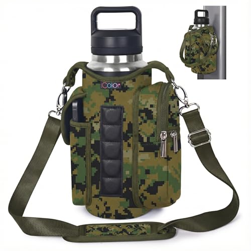 Image of icolor Magnetic Gym Bag Water Bottle Carrier Holder with Phone Pockets & Shoulder Strap,Gym Magnetic Bag 5 Built-in Magnets Gym Accessories Organizer Sling Bottle Pouch Sleeve (Neoprene, Camo)