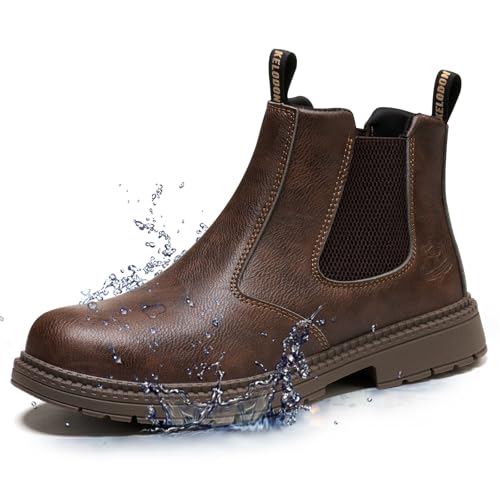 Image of KELODON Waterproof Steel Toe Work Boots for Men-6 Inch Water Resistant Slip On Mens Work Boots,Lightweight Kevlar Non Slip Safety Shoes for Construction,Brown,US Size 11