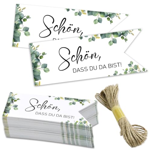 50x Geschenkanhänger Schön dass Du Da Bist Anhänger Hochzeit Geburtstag Weihnachten JGA Taufe Gastgeschenke Kommunion Konfirmation Eukalyptus Etiketten Tags Label mit 10M Juteschnur
