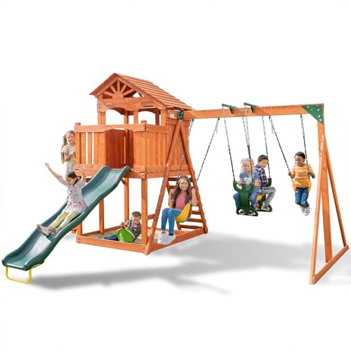 Sportspower 8-in-1 Blue Ridge Wooden Swing Set with Roofed Clubhouse & Balcony, 2 Belt Swings, 2-Person Roman Glider, 8ft Slide, Sandbox & Rock Climber, Anchor Kit Included