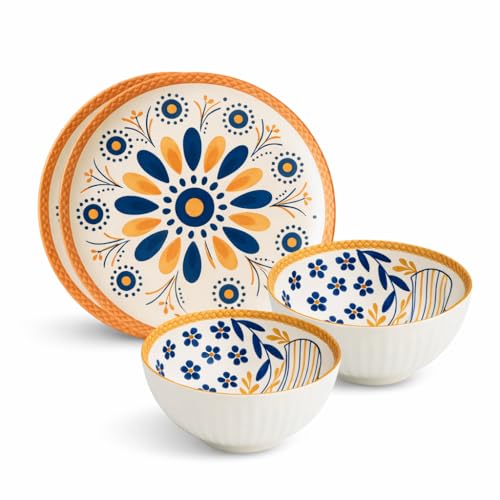 Image of Yelona Ceramic Dinner Set of 4 (2 Plates & 2 Bowls) for Snacks, Rotis, Pasta, Salads & Everyday Meals - Handcrafted Porcelain with Floral Design | Microwave & Dishwasher Safe Dinnerware (Abstract)