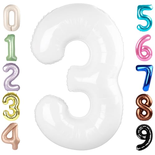 Image of 3 Balloon Numbers Birthday Decorations, 40In White Balloons for Men Women | Eye-catching Appearance, Perfect Decorative Centerpieces, Convenient Self-sealing Structure, Widely for Various Occasions