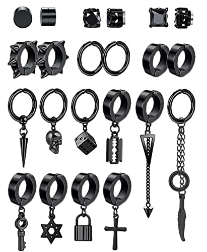 Yovoro 22Pcs Stainless Steel Non Pierced Earrings For Men Women Non-Piercing Stud Earrings Dangle Hoop Earrings Clip On Earrings Punk Huggie Earrings Set Black #TOP16