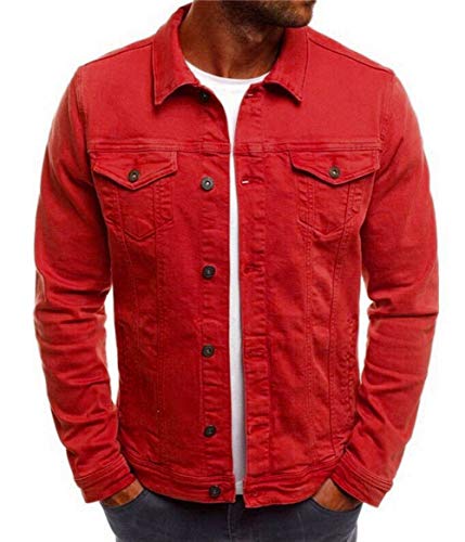 chouyatou Men's Multi Color Button Front Cotton Lightweight Denim Trucker Jacket (Large, Red)