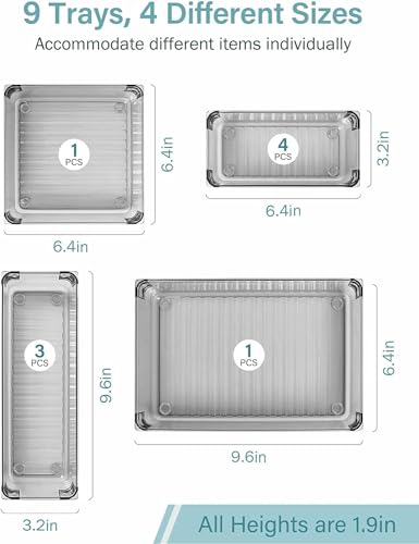 Image of Kienlix Desk Drawer Organizers Trays Set Clear Plastic Storage Bins Bathroom Drawer Tray Dividers Vanity Trays Organizer for Bedroom Dresser Makeup Kitchen Utensil Office (9pc Set (Black))