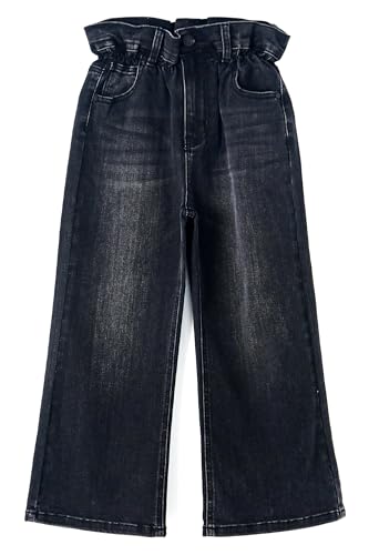 KIDSCOOL SPACE Girls Wide Leg Jeans, Ruffled Lotus Elastic Waist Denim Pants