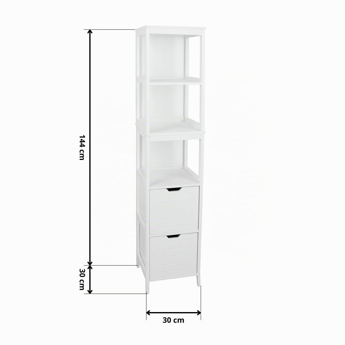 Acomoda Textil – Mueble Auxiliar de Baño con Cajones y Estantes Abiertos. Estante Blanco Vertical para Almacenaje de Toallas, Cosméticos y Accesorios Resistente Funcional y Versátil. (30x30x144 cm)