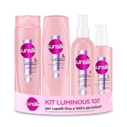 Sunsilk Kit Luminous 100, Set Cura Capelli, con Shampoo 250ml, Balsamo Capelli, Siero e Spray Extra Brillantezza 200ml, Complex con Glycol & Vitamina C, Luminosità Effetto Specchio