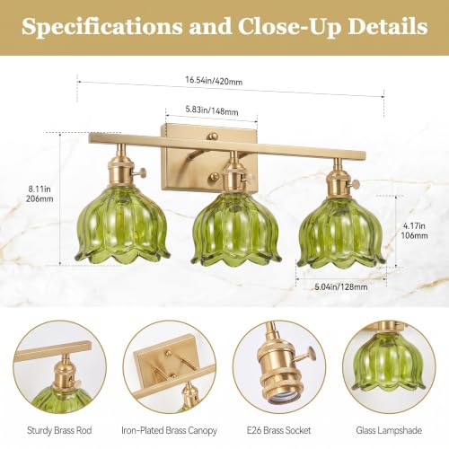 Image of 3-Light Vintage Bathroom Vanity Light, 19.4 inch Brass Hardwired Wall Sconce with Amber Tulip Glass Shades, Brushed Gold Vanity Light for Mirror, Restroom, Bedroom (Green, 3-Light)