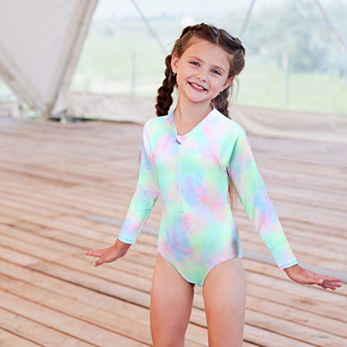 Image of Moon Tree Girls One Piece Swimsuits Long Sleeve Rash Guard Zipper Front Bathing Suit UPF 50+