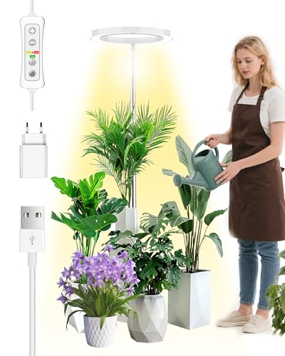 beautiebeam Vollspektrum LED Pflanzenlampe für Zimmerpflanzen,LED Grow Light,35cm-155cm Wachstumslampe höhenverstellbar,8/12/16 Stunden Timer,10 Helligkeitsstufen,4 Meter Stromkabel,5V Adapter,Weiß