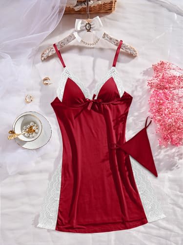 Image of Foxiny Sexy Split Side Floral Lace Trim Full Slip Night Gown Babydoll Lingerie Dress with Thong 2 piece