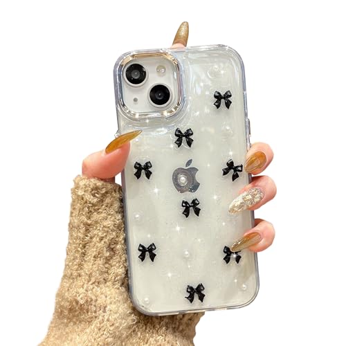 QLTYPRI iPhone15 ケース クリア ブラック ミニリボン おしゃれ 韓国 iPhone15ケース 透明 可愛い 耐衝撃 スマホケース 立体 りぼん装飾 きらきら アイフォン15 ケース、ブラック