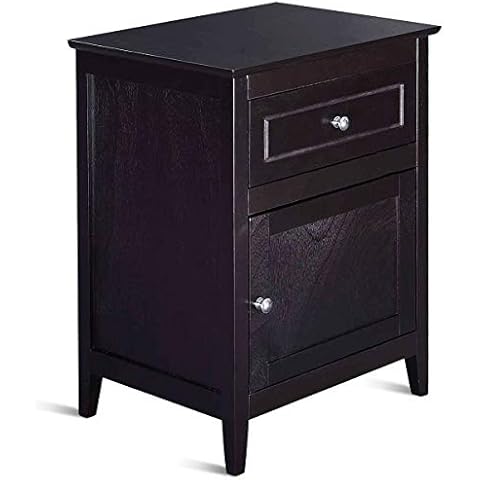 COSTWAY Wooden Nightstand with Drawer and Cabinet Cover