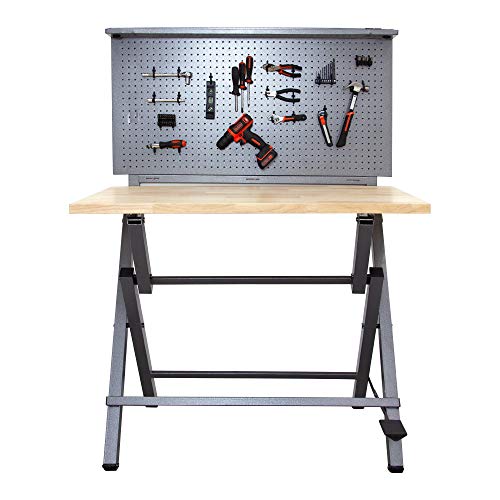 Might Foldable Heavy Duty Workbench and Garage Tool Organizer | Holds up to 750 pounds, for Power Tool Organization Storage Woodworking Electronics, Stainless Steel Pegboard, Anti-Rust/Corrosion