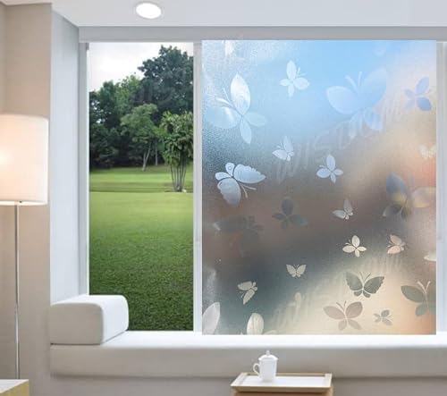 Image of WISDOM Privacy Window Film Frosted Glass Film Glass Film No Glue Anti-UV Window Sticker Non Adhesive for Privacy Office Meeting Room Bathroom Living Room (Butter Fly Frosted, 12 x 140 inch)