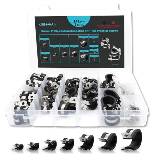 KUBOWAI Lot de 141 Colliers de Serrage en Caoutchouc P en Acier Inoxydable 304 avec Insert en Caoutchouc, 7 Tailles (6 mm/8 mm/10 mm/13 mm/16 mm/19 mm/25 mm)