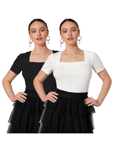 Image of Shasmi Women Polycotton Regular Fit Solid Knitted Square Neck T-Shirts Short Puff Sleeve Tops (TOP 52)