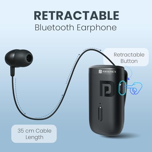 Image of Portronics Harmonics Klip 6 Retractable Bluetooth Calling Earphone with Upto 30 Hour Playback, Vibration Prompt, Strong Clip, HD Clarity Mic, Bluetooth V5.3, Type C Fast Charging(Black)