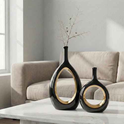 Vase en céramique noir et or, lot de 2 pièces design haute qualité pour centre de table chic - 3