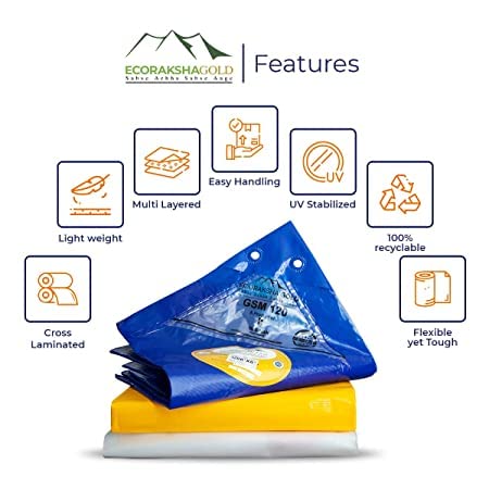 Image of Ecoraksha Gold Premium Multilayer Eco-Friendly Tarpaulin Sheet Waterproof Tirpal Heavy Duty 27 X 18 Ft Poly Tadpatri - Multipurpose 250 GSM Plastic Cover Tharpai, Thadika, Tarp (Blue)