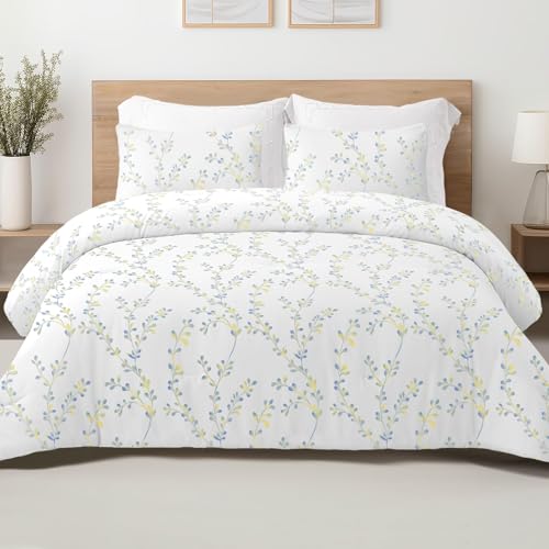 Exclusivo Mezcla Edredón 220x230cm con 2 Fundas de Almohada, Ligero y Cálido Edredón Nórdico para Cama Doble con Estampado de Flores, Adecuado para Cualquier Temporada, Blanco