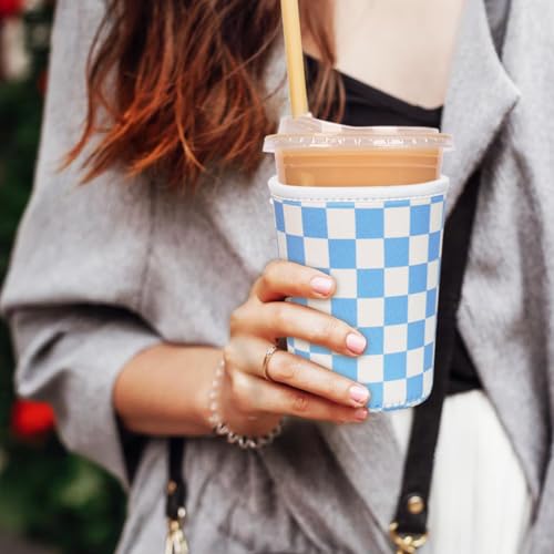Image of Reusable Insulated Neoprene Iced Coffee Cup Sleeve, Durable Drink Sleeve for Cold Beverages, Beverage Holder for Iced Coffee (Blue Grid)