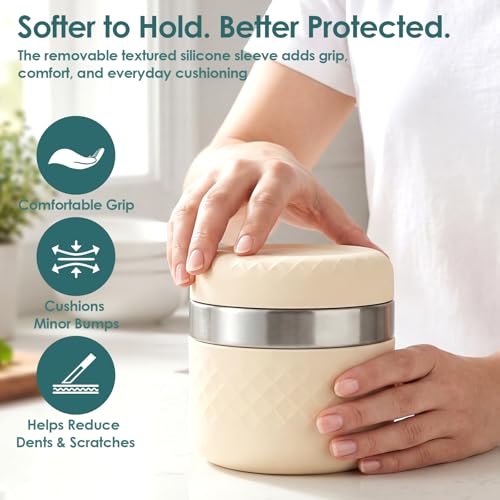 Image of 24 oz Insulated Food Jar, Stainless Steel Lunch Container, Pink | 18 /8 Stainless Steel, Leakproof Lid, Wide Mouth, Silicone Sleeve, Measurement Marks, Hot & Cold Food, Soup, Dishwasher Safe