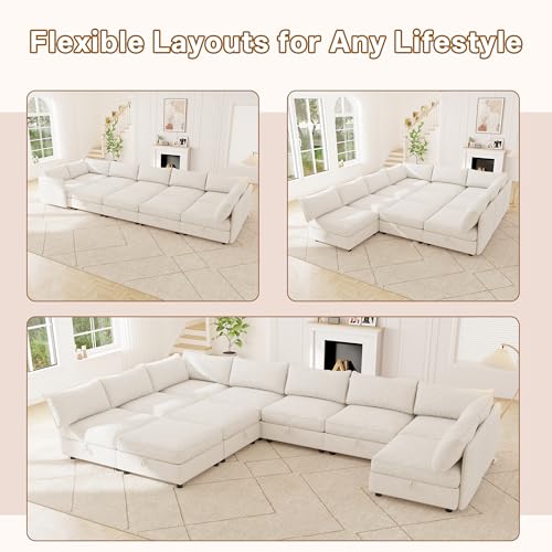 Image of 125 inch Chenille Modular Sectional Sofa Bed Hidden Storage, Convertible L U Shaped Sleeper Couch, 10 Seat Modern Modular Sectional Sofa with Removable Covers & Ottoman Chaise, for Living Room, Blue