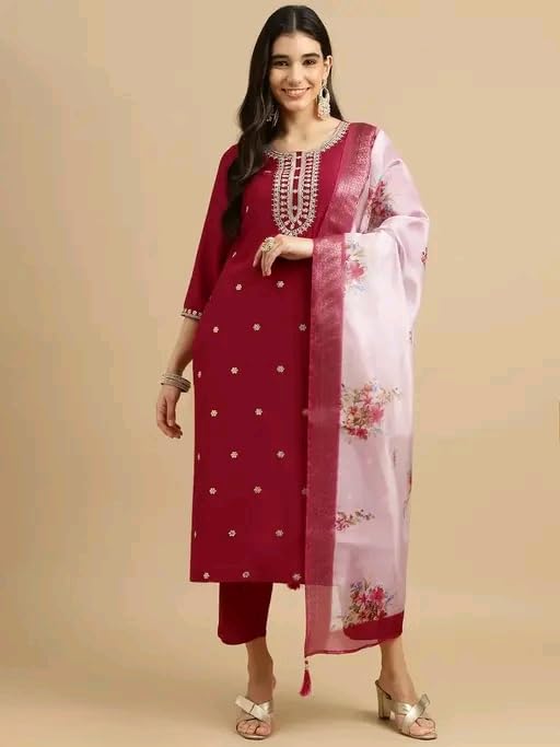 Image of Women's Embroidered Straight Kurta Set with Pant and Floral Silk Dupatta