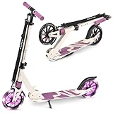 Movino Patinete para Niños Adultos y Adolescentes hasta 100 kg - Scooter Plegable Urbano - Ruedas LED Grandes 180 mm - Manillar Ajustable - City Light Beige-Violeta