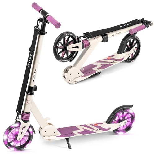 Movino Patinete para Niños Adultos y Adolescentes hasta 100 kg   Scooter Plegable Urbano   Ruedas LED Grandes 180 mm   Manillar Ajustable   City Light Beige Violeta